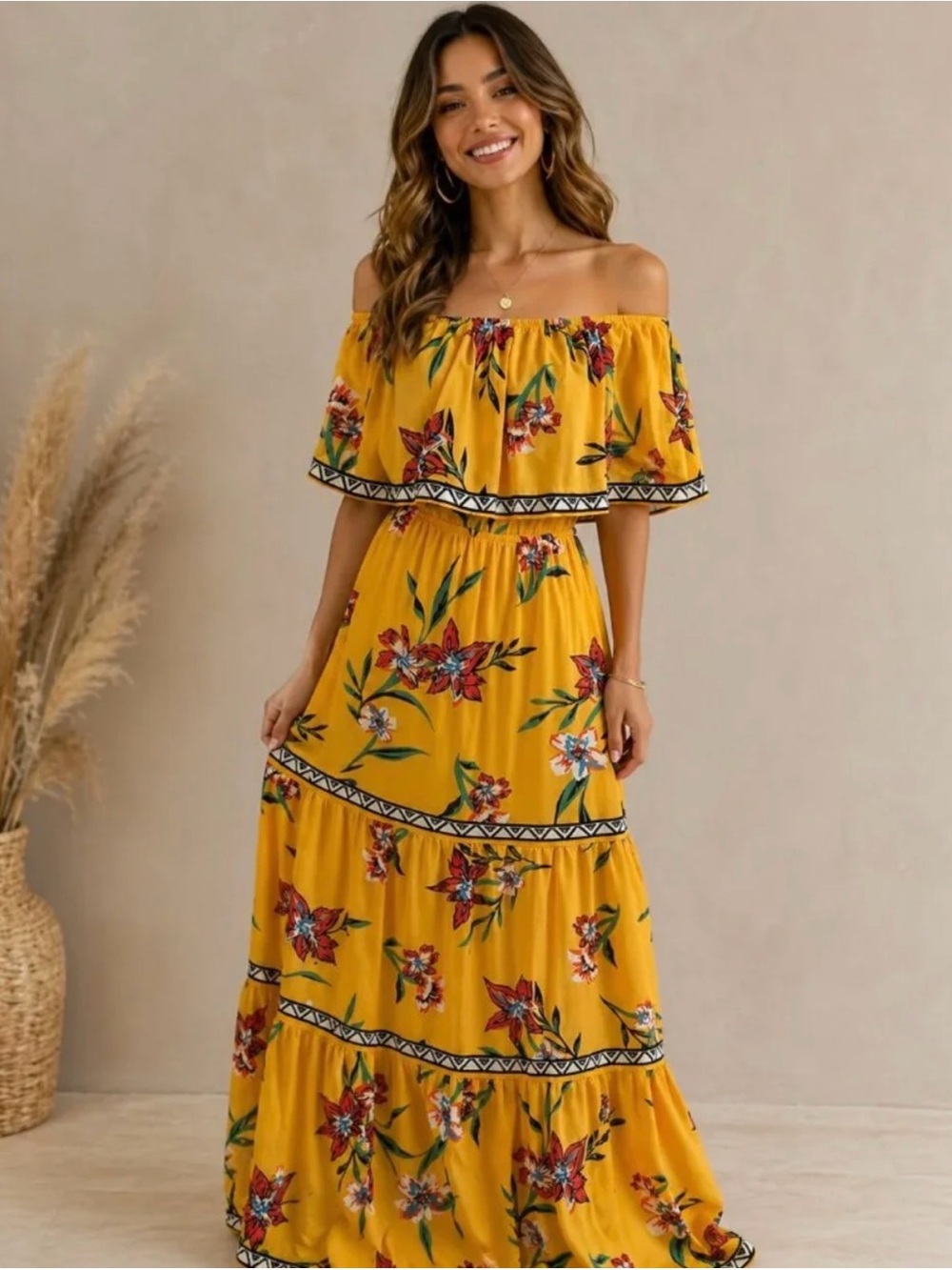 Lulus Cancun Cutie Yellow Floral Off the Shoulder Maxi Dress